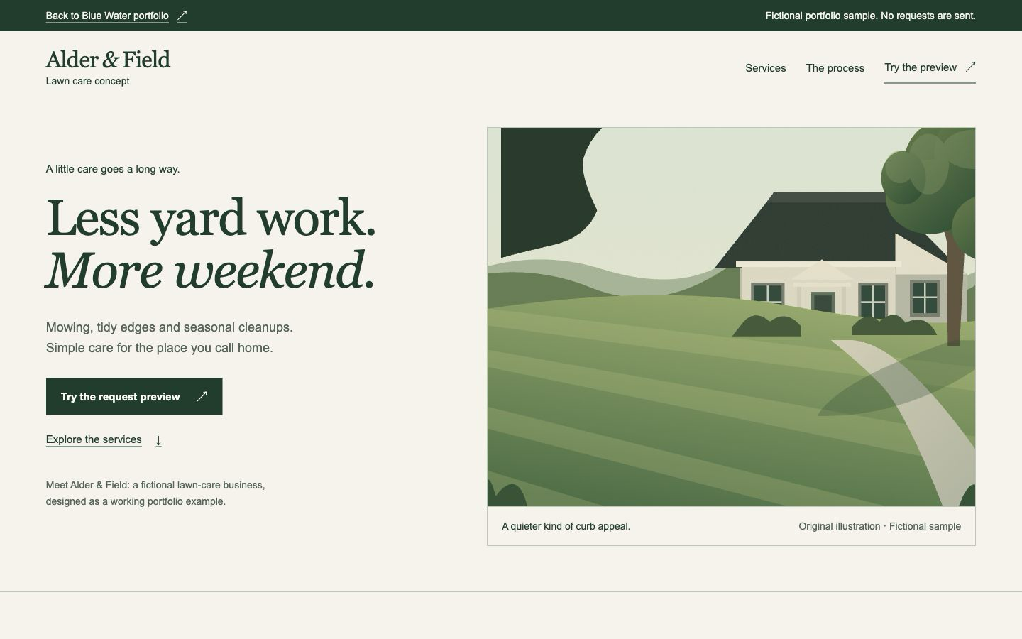 Desktop view of the fictional Alder and Field lawn-care website, with original landscape illustration and clear service navigation.
