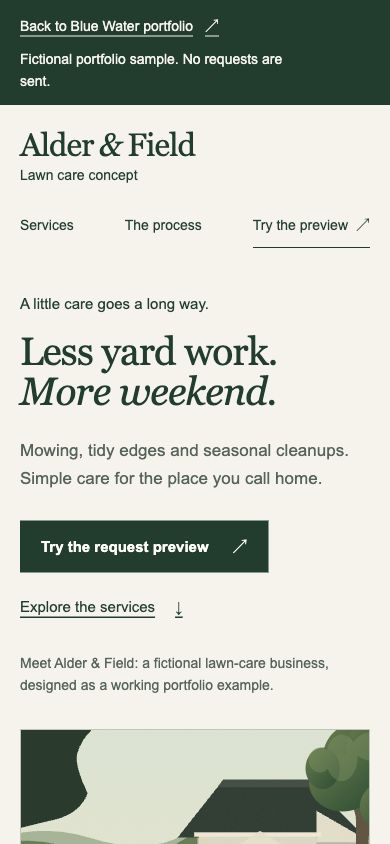 The same fictional lawn-care concept arranged for a narrow phone screen.