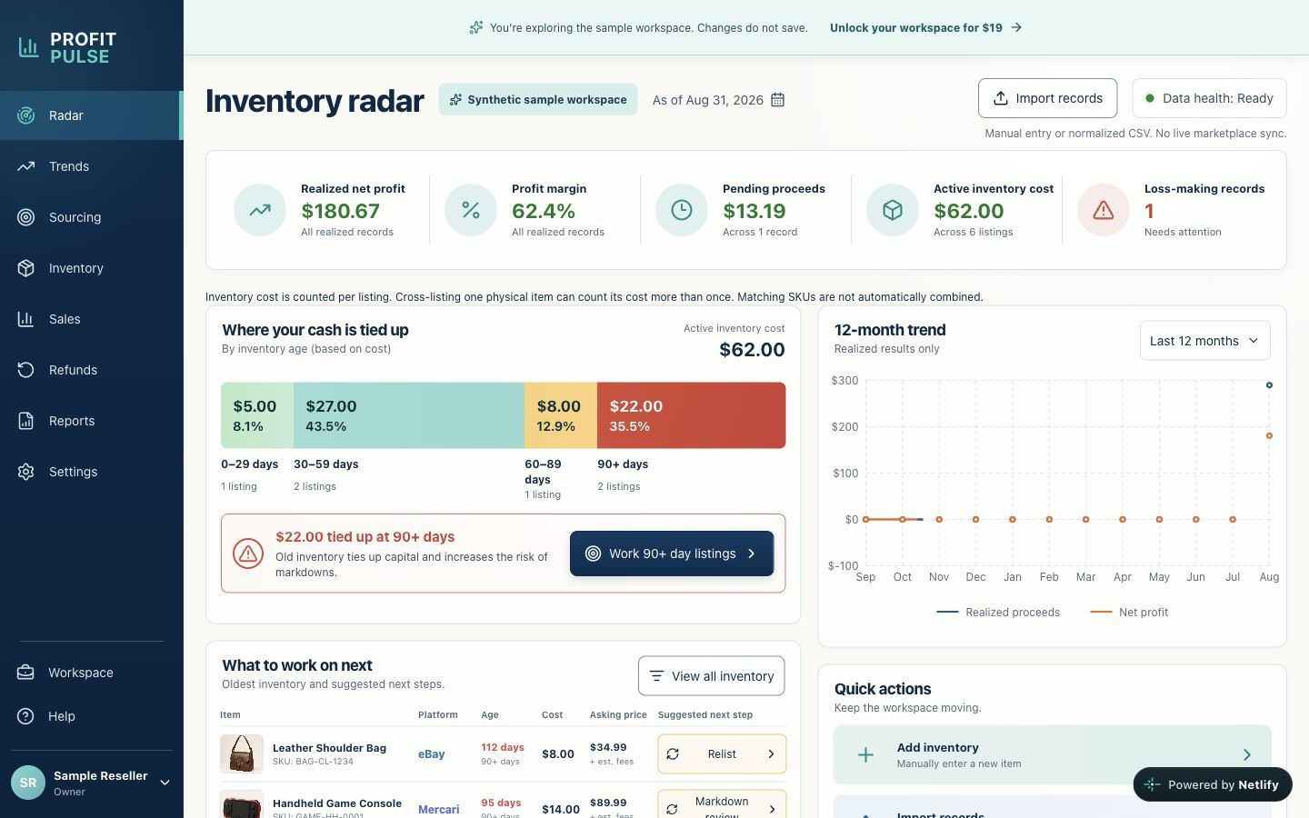 Actual Profit Pulse desktop demo showing its sample inventory dashboard, age breakdown and synthetic metrics.