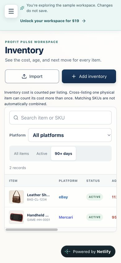 Actual phone-sized Profit Pulse demo with the 90-plus-day inventory filter selected.